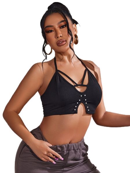 

sxy pearl beaded cut out tie backless crop halter j1zk#, White