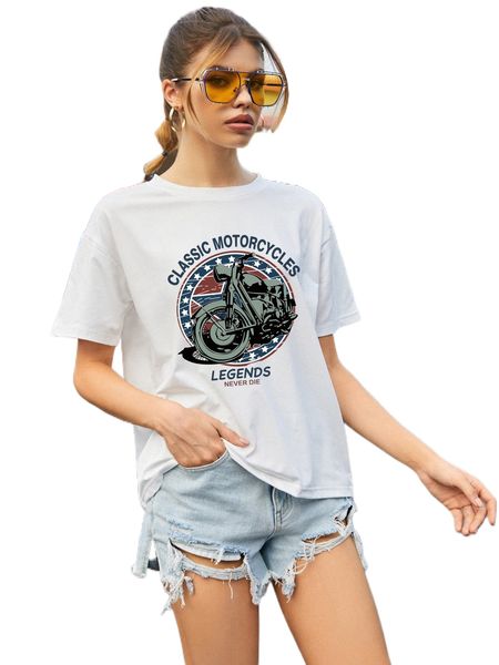 

motorcycle & letter graphic drop shoulder tee e0e8#, White