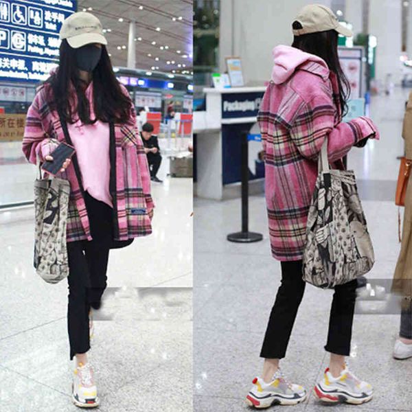 

women's jeans autumn and winter product yang mi star pink plaid medium length shirt hoodie suit, Blue