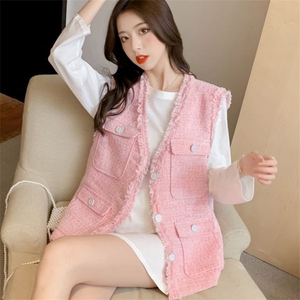 

spring pink tweed vest womens fashion cardigan retro solid sleeveless single breasted casual tassel coat 210526, Black;white