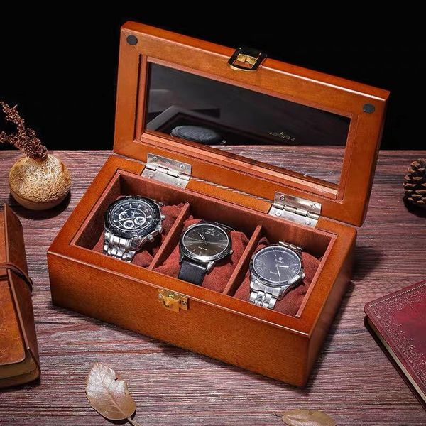 Scatole per orologi Custodie per vetrine in legno a 3 scomparti Organizer per gioielli in legno marrone
