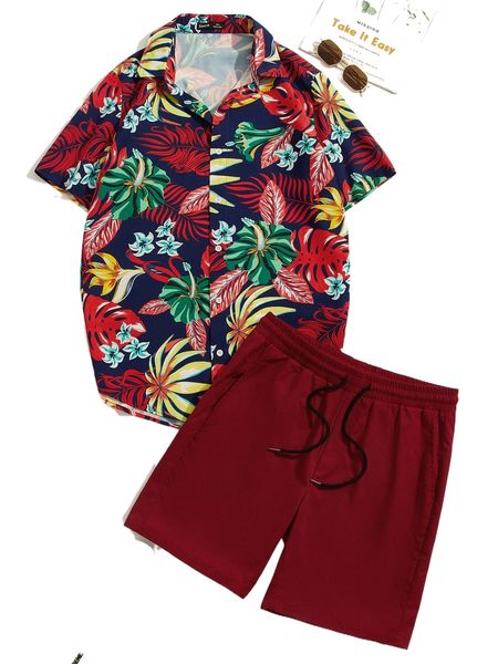 

men tropical print shirt & drawstring waist shorts q1w8#, Gray