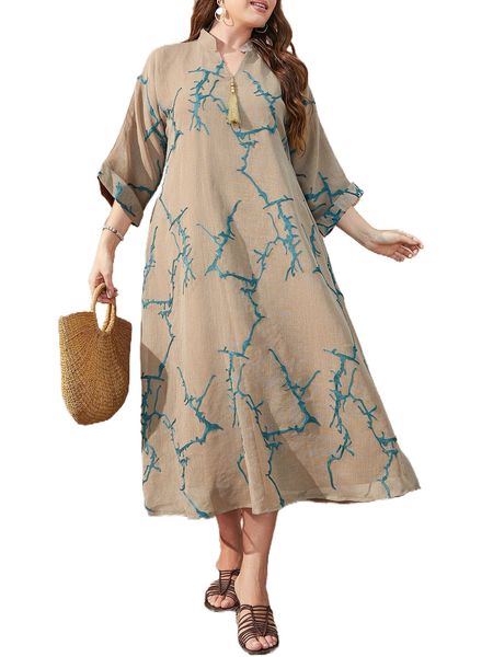 

plus graphic print notched neck tassel detail tunic dress x5vq#, Black