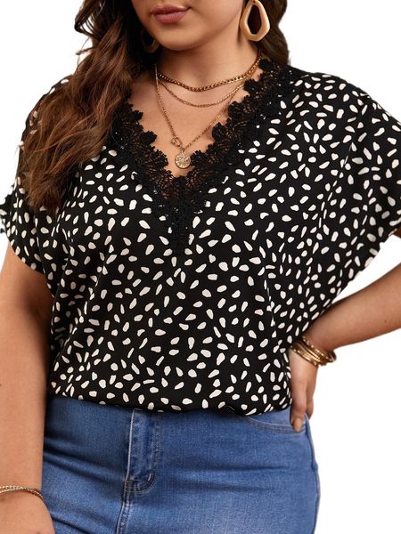 

plus allover print lace trim blouse s3e4#, Black
