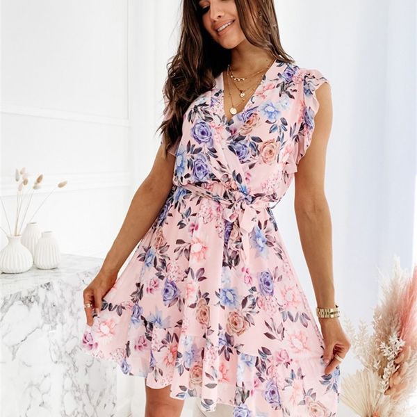 Frauen Sommerkleid Mode Chiffon Rüschen Ärmel Blumendruck Minikleid Lässig V-Ausschnitt Rosa Büro Damen Kleider Robe Femme 220514