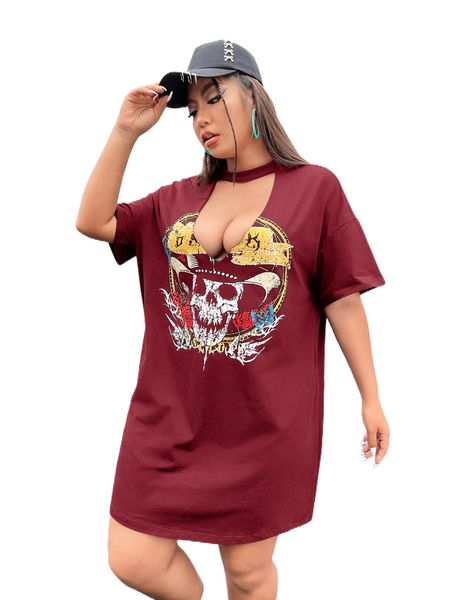 

plus floral & skull print choker neck drop shoulder dress f09b#, Black