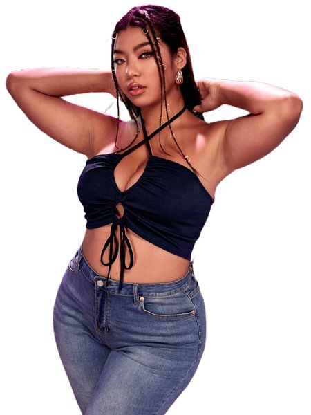 

plus drawstring cut out tie backless halter y4tp#, Black