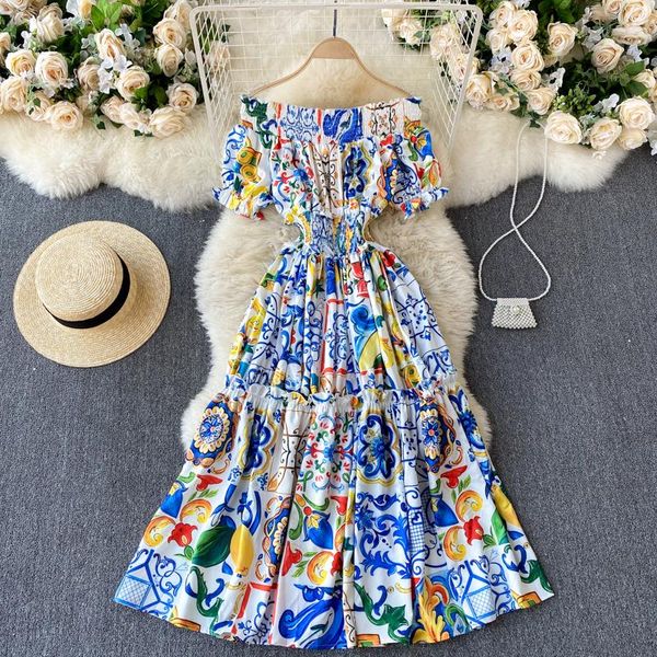 Lässige Kleider Menahem 2022 Sommer Böhmisches Porzellan Gedrucktes Blumen-Midikleid Damen Schulterfrei Puffärmel Elastische Taille Runway Dr