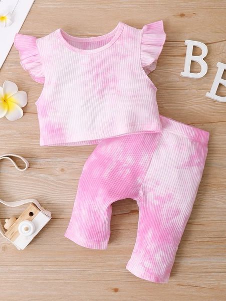 

toddler girls tie dye rib knit ruffle trim & pants she, White