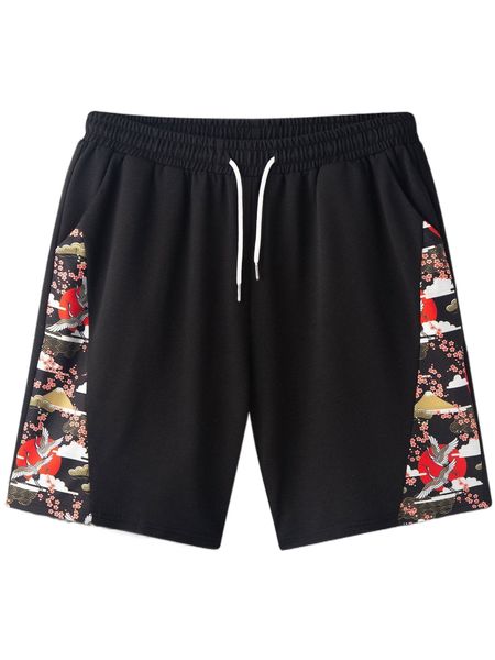 

men random floral & crane print drawstring waist shorts u5t7#, White;black