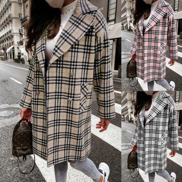 

fashion designer women's wool blends jacket plaid coat casual jackets classic solid color lapel medium long button fur coats size s--3x, Black