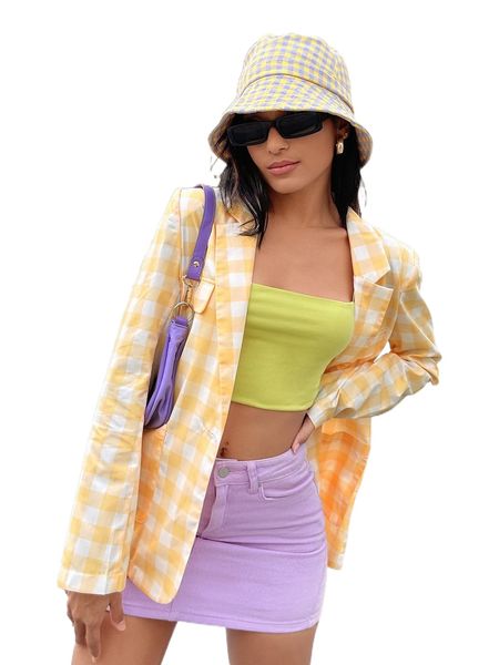 

gingham single button blazer 18ir#, White