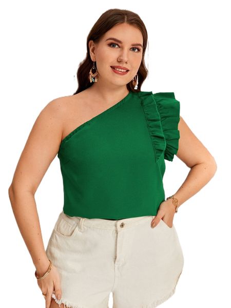 

plus one shoulder ruffle trim blouse z7jc#, Black