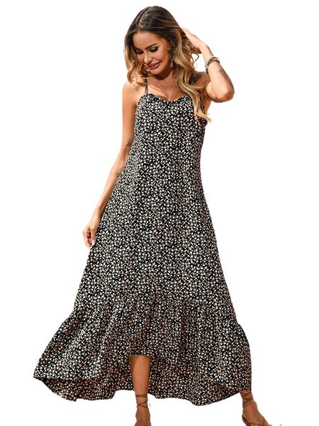 

ditsy floral tie back halter neck ruffle hem dress y4ru#, Black;gray