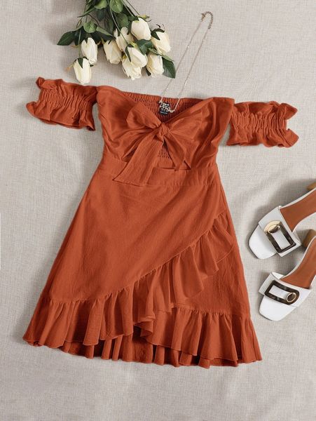 

off shoulder tie front wrap hem dress 16bo#, Black;gray