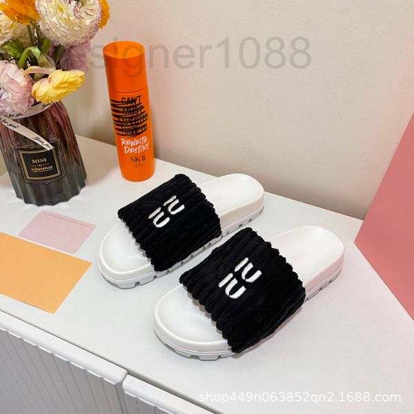 

sandals designer couple towel slippers women's shoes 2022 spring and summer new plush stripe non slip home one word open toe couple xte, Black