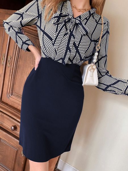 

polka dot & geo panel tie neck dress z4wa#, Black;gray