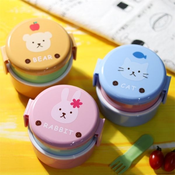 Animal fofo japonês DoubleLayer Round Mini Bento Childrens Snack Microondas Crianças Lunhana 540ml 220727