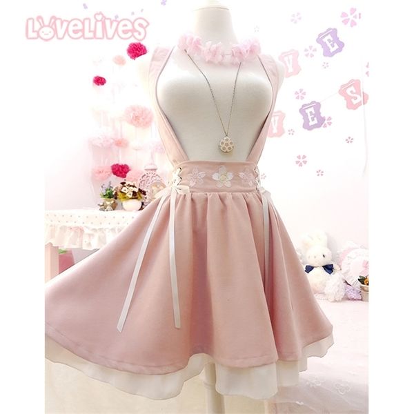 

japanese style sweet lolita girls short skirt sakura embroidery young girl ie ribbon suspender skirt women summer 210311, Black