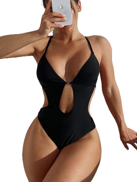 

sxy plain cut out ring linked one piece swimsuit d3gp#, White;black