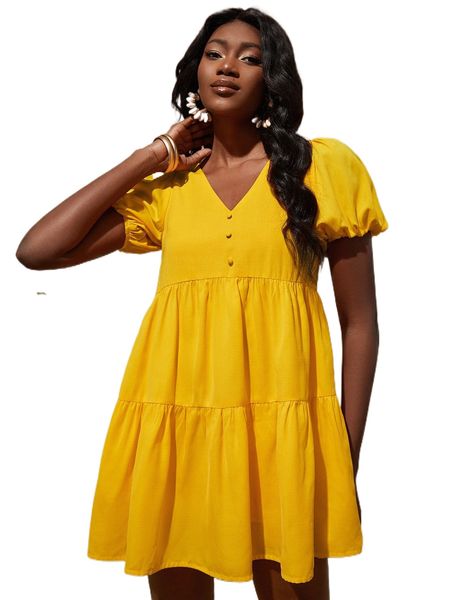 

puff sleeve fake button ruffle hem smock dress p51c#, Black;gray