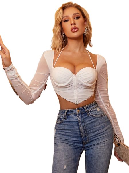 

parthea hook and eye placket pads underwire ruched mesh corset 19ug#, White