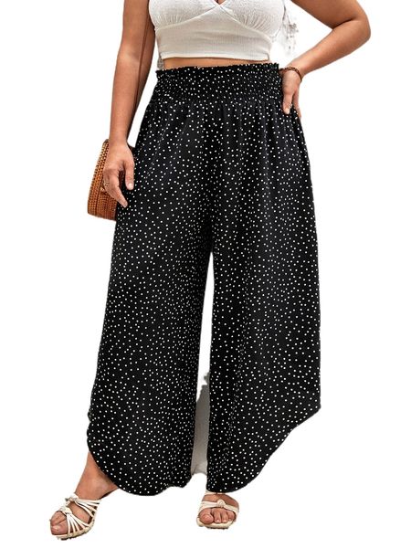 

plus polka dot paperbag waist asymmetrical hem wide leg pants m9pj#, Black