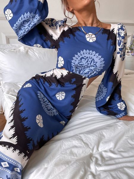 

tie back graphic lantern sleeve fitted dress a380#, Black;gray