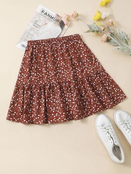 

ditsy floral ruffle hem skirt d62a#, Black