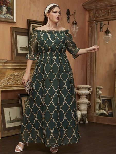 

plus chain print bardot a-line dress n48k#, Black