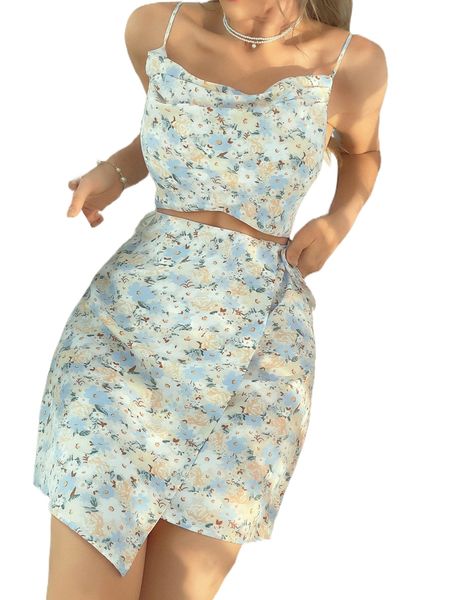 

floral print cut out knot side wrap cami dress l7nm#, Black;gray