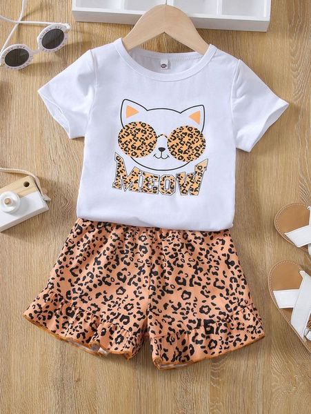 

toddler girls letter & cartoon graphic tee & ruffle hem shorts she, White