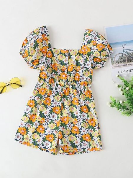 

toddler girls floral print square neck romper she, Blue