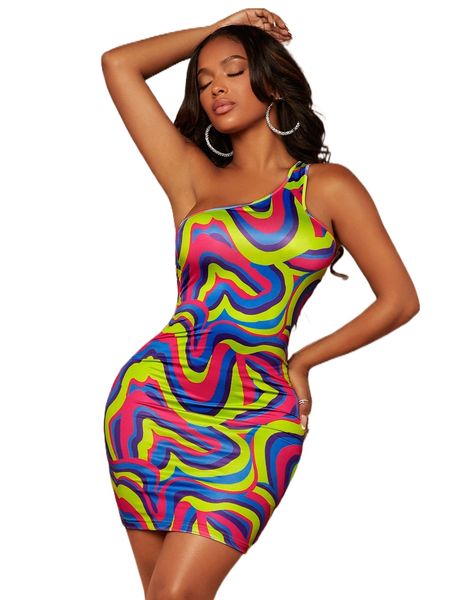 

sxy allover print one shoulder bodycon dress x7pk#, Black;gray