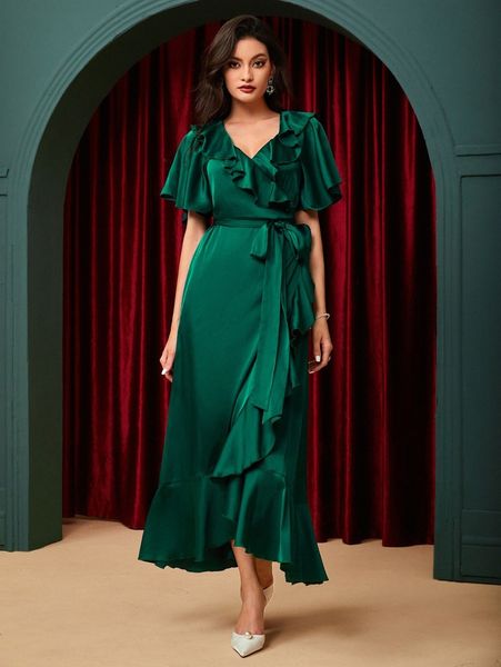 

ruffle hem low back satin dress k4yi#, Black;gray