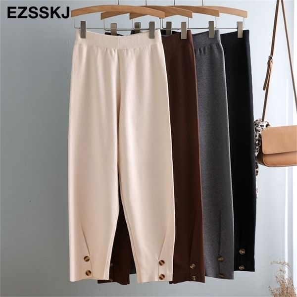 

women elastic waist button trousers thick knitted harem pants autumn winter sport pants sweater knitted carrot pants lj201130, Black;white