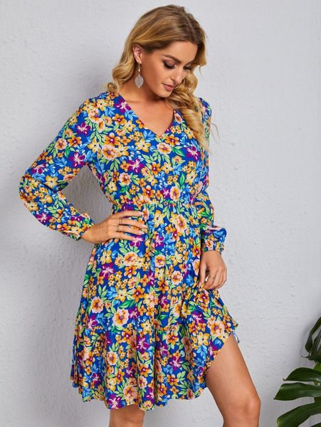 

v neck floral print ruffle hem dress y3fp#, Black;gray