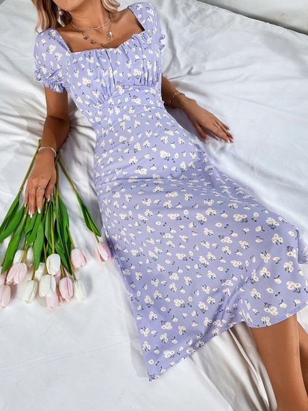 

ditsy floral print sweetheart neck dress a3c2#, Black;gray