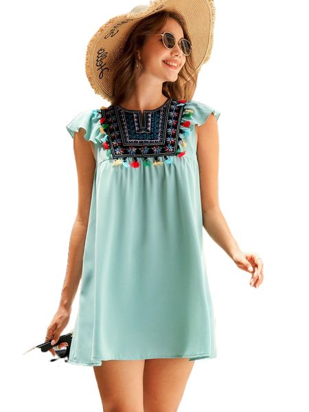 

floral embroidery tassel trim butterfly sleeve dress l4rm#, Black;gray