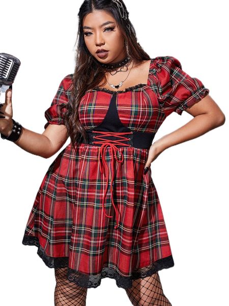 

plus tartan print lace up front lace panel dress 92is#, Black