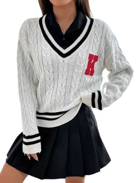 

letter patched striped trim drop shoulder cable knit sweater without blouse j6bk#, White;black