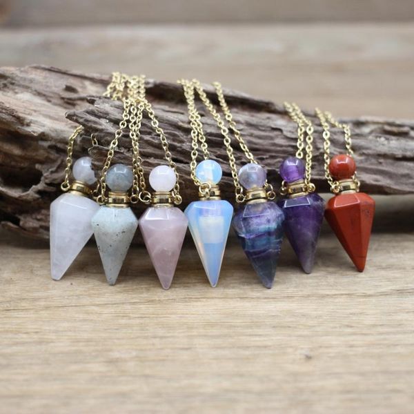

pendant necklaces 14x36mm fluorite amethysts faceted cone pendulum essential oil perfume bottle pendants rose quartzs labradorite qc1081, Silver