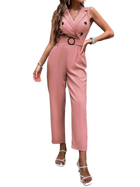 

lapel collar fake button buckled belted jumpsuit u9nm#, Black;white