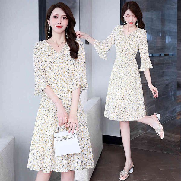 

casual dresses v-neck floral dress women's spring 2022 trend slim temperament royal sister wind medium long chiffon a-line skirt sk9a, Black;gray
