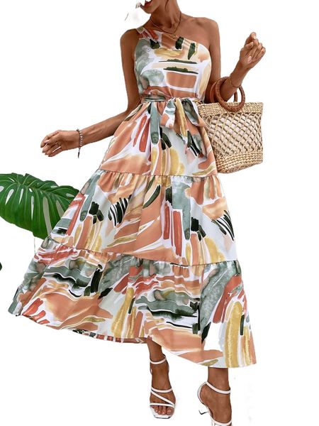 

brush print belted ruffle hem dress 84kf#, Black;gray