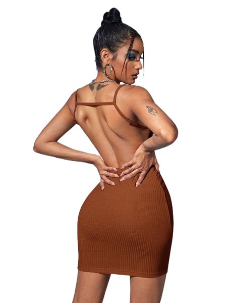 

solid ribbed knit backless bodycon dress w0ty#, Black;gray