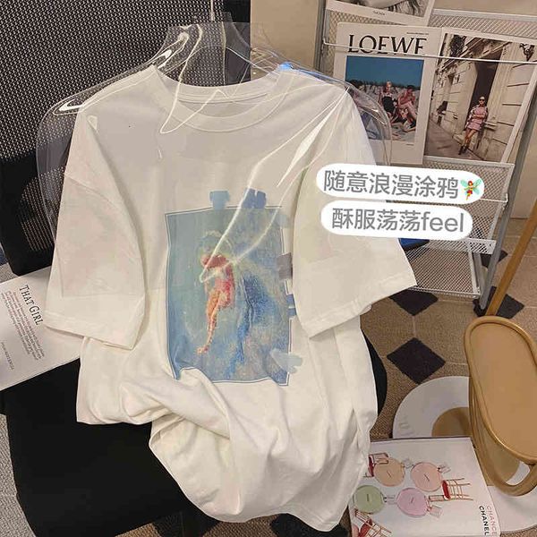 

women's t-shirt 2022 white oil painting print round neck t-shirt women's 2022 summer harajuku design 3kn0
