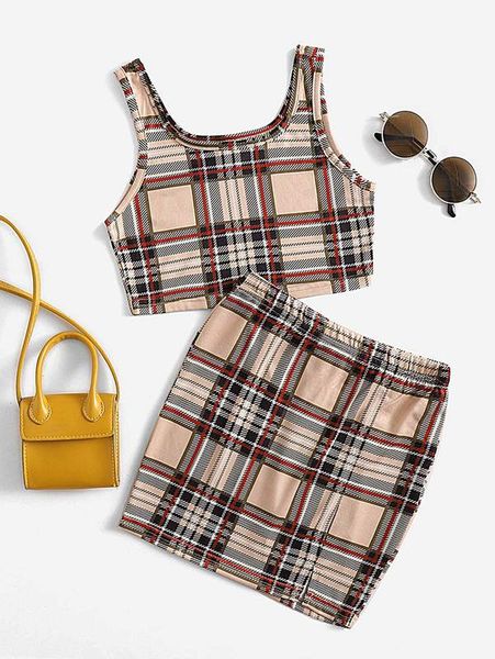 

sheen little girl's check print vest and skirt set she, White