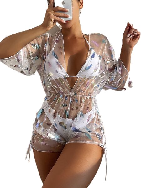 

3pack halter triangle bikini swimsuit & feather print cover up z30m#, White;black
