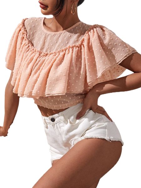 

pom pom ruffle crop blouse n956#, White
